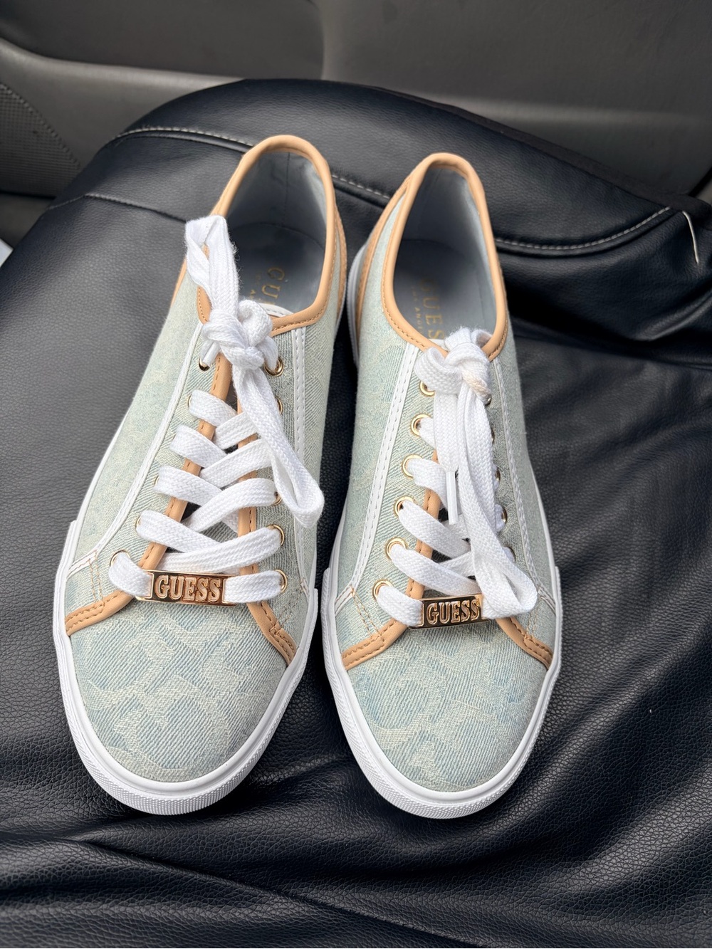 GUESS Light Blue Denim Low-Top Sneakers with Tan Trim
